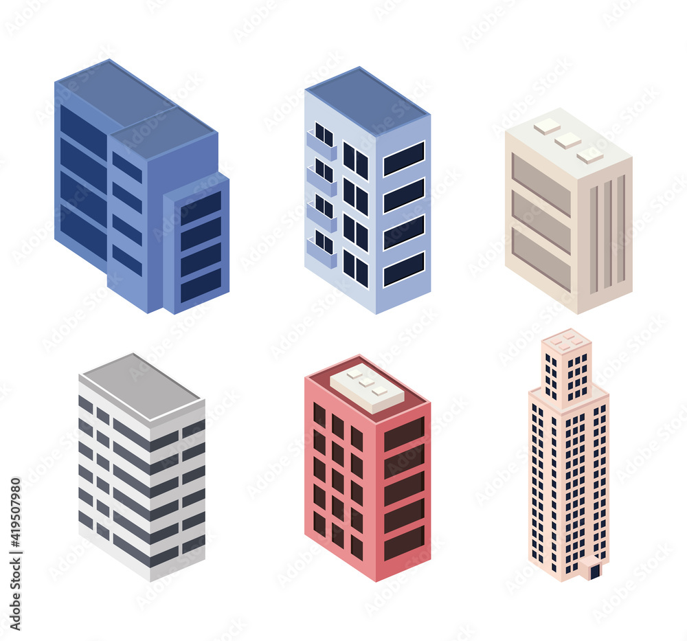 six buildings set isometrics icons