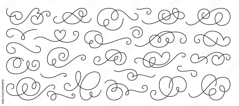 Calligraphic design element set, swirl ornament. Decorative curls, swirls flourishes, divider, swashes and filigree line ornaments for menu, certificate, diploma, wedding card, invatation Calligraphic design element set, swirl ornament. Decorative curls, swirls flourishes, divider, swashes and filigree line ornaments for menu, certificate, diploma, wedding card, invatation