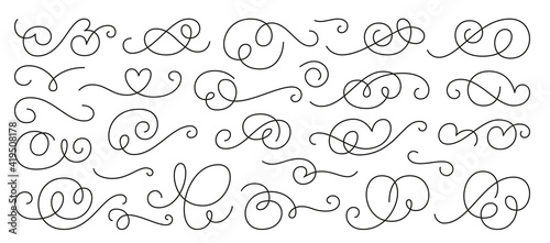 Calligraphic design element set, swirl ornament. Decorative curls, swirls flourishes, divider, swashes and filigree line ornaments for menu, certificate, diploma, wedding card, invatation
