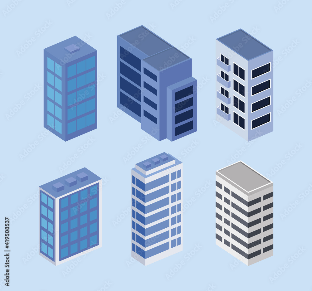 buildings six set isometrics icons buildings six set isometrics icons