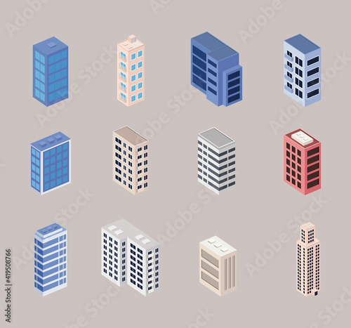 twelve buildings set isometrics icons