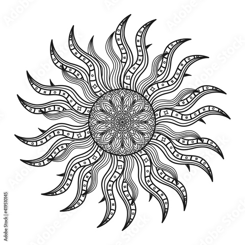 Hand draw circular mandala, sun mandala.  Decorative ornament in ethnic oriental style. Coloring book page.