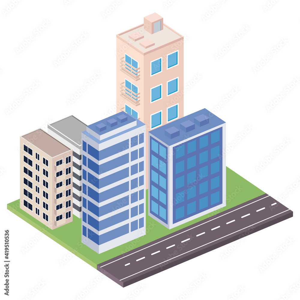 four buildings and road isometrics
