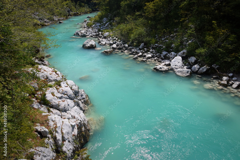 Beautiful blue color of Soca river in Slovenia Beautiful blue color of Soca river in Slovenia