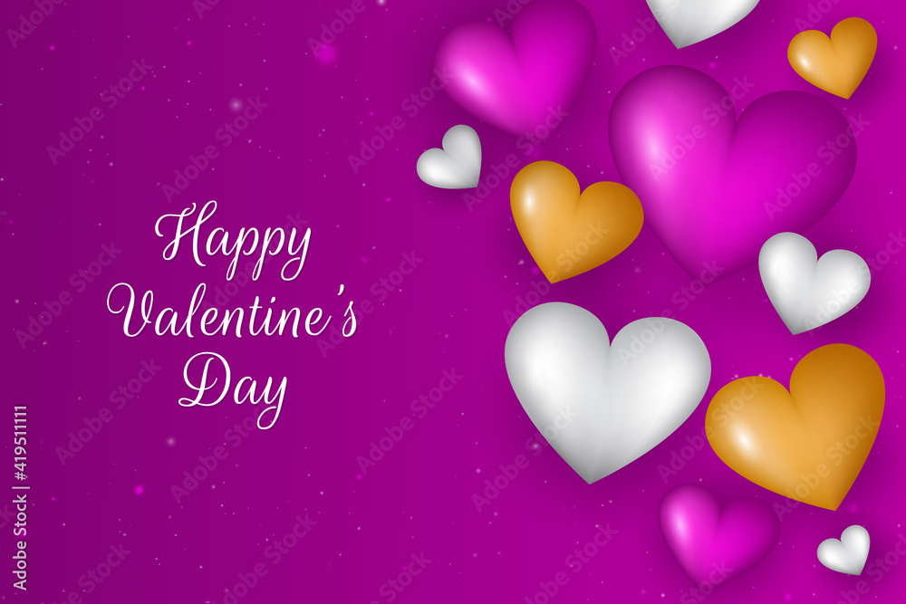 Realistic valentine's day background. Valentines Day banner. gold, pink and  white 3d heart shapes