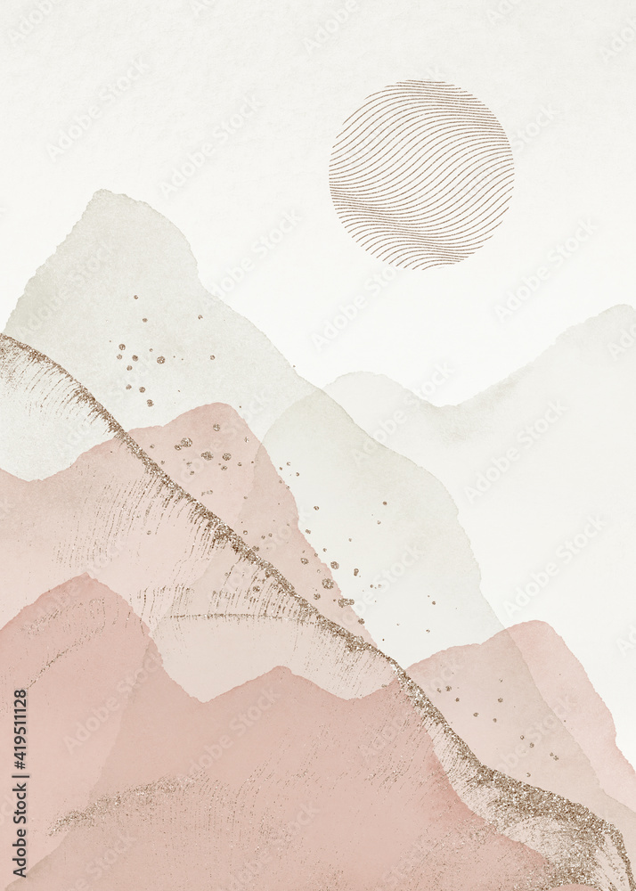 Obraz premium Abstract Arrangements. Landscapes, mountains. Posters. Blush, pink, ivory, beige, gold watercolor Illustration, background. Modern print set. Wall art. Business card. Printable.