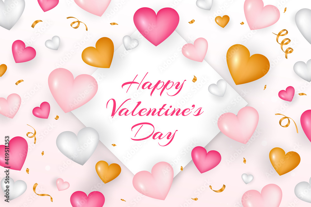 Realistic valentine's day background. Valentines Day banner. gold, pink and white 3d heart shapes with glitter and confetti