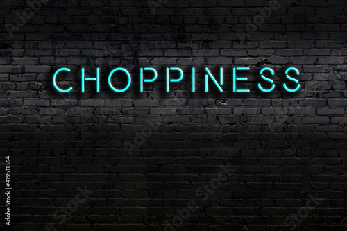 Neon sign. Word choppiness against brick wall. Night view