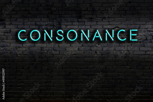 Photos Neon sign. Word consonance against brick wall. Night view