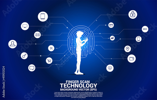 man with mobile phone and thumbprint icon with functional icon. background concept for finger scan technology and privacy access.