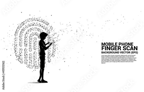 Silhouette man with mobile phone standing with thumbprint icon from dot connect line polygon. background concept for finger scan technology and privacy access.