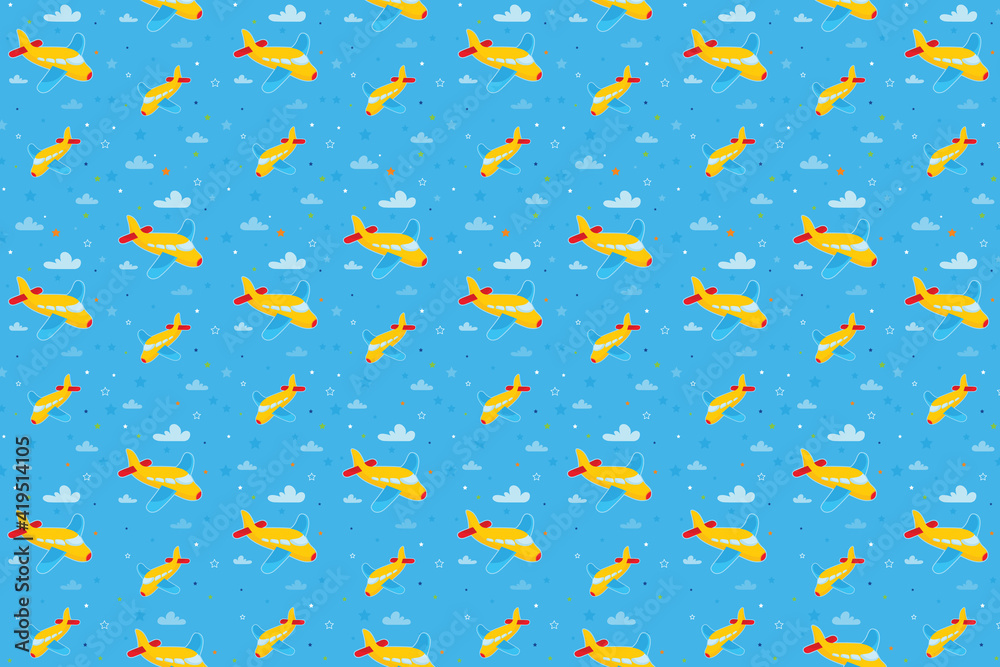 Blue airplane toy pattern design. Boys fabric print with airplane, clouds and stars. Baby boy pattern design