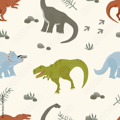 Fototapeta Naklejka Na Ścianę i Meble -  Seamless pattern with dinosaurs isolated on a colored background. Vector illustration for printing on packaging paper, fabric, postcard, clothing. Cute children's background