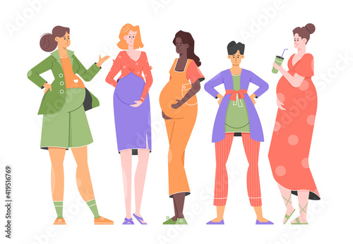 Group of young pretty different pregnant women. Mom-to-be, happy parenting. Trending colorful characters. Vector flat illustration.