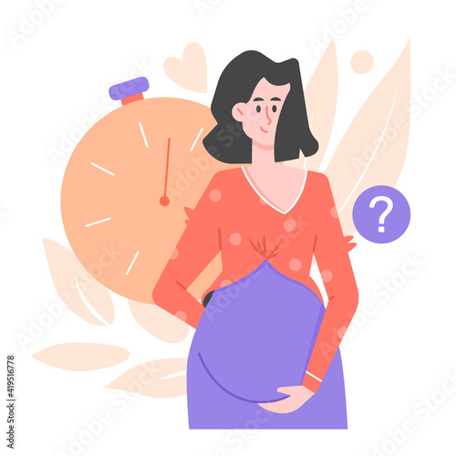 Nice cute pregnant girl. Expectation of childbirth, labor. Contractions. Parenthood. Woman with a tummy. Vector flat illustration.