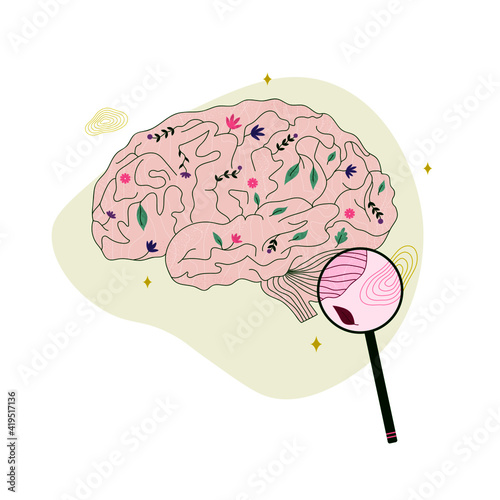 Illustration observation cerveau fleuri avec une loupe