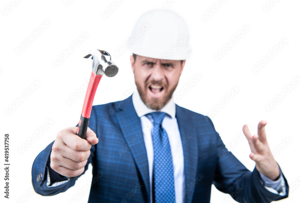 Emotional construction supervisor hold hammer tool selective focus, repairs.