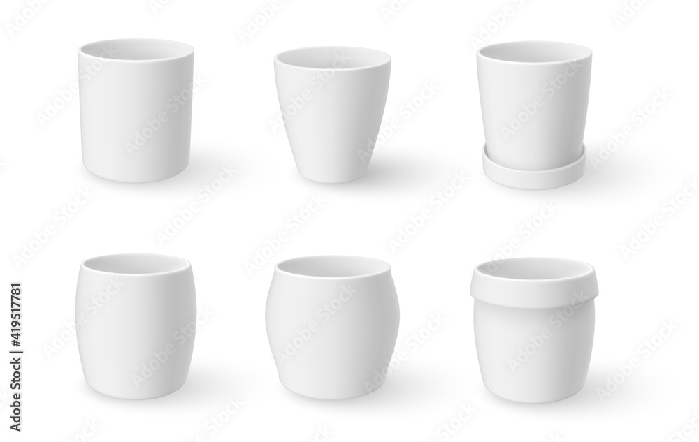 Flowerpots white design assortment realistic mock ups set. Ceramic plant garden pots. Flowerpots white design assortment realistic mock ups set. Ceramic plant garden pots.