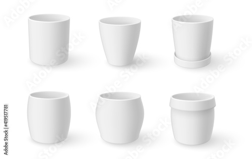 Flowerpots white design assortment realistic mock ups set. Ceramic plant garden pots.