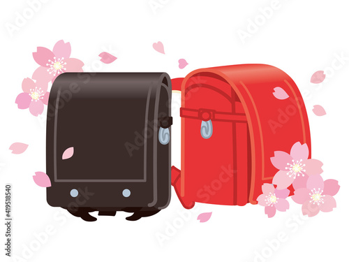 桜とランドセル　小学校入学　一年生