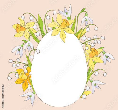 Blanko  Osterei mit Frühlingsblumen, Narzisse, Osterglocken, Schneeglöckchen und Maiglöckchen,
Vektor Illustration isoliert auf Hintergrund
