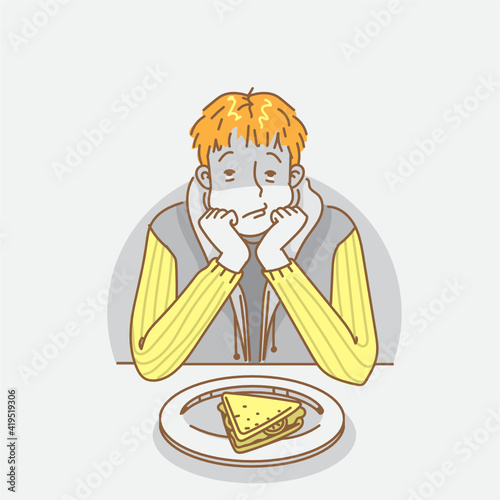man eating a sandwich. Bored man. He has anorexia. Hand drawn style vector design illustrations.