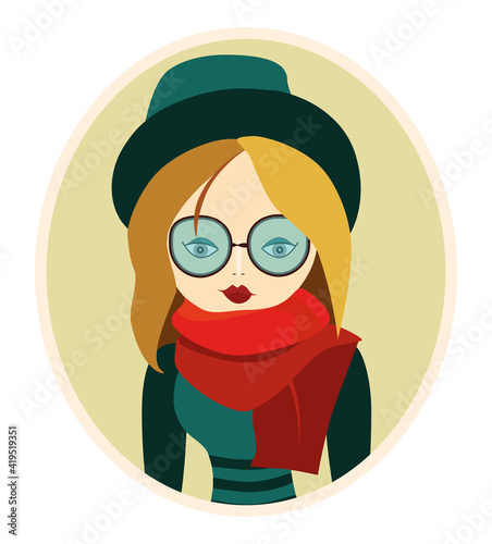 Vector illustration of smart girl. Flat cartoon style.For web design, posters, banners, social media.Eyeglasses.Green hat.Red scarf. Hipster.Woman portrait isolated on white background.Modern student