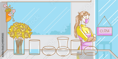 Disheartened woman. Owner of a flower shop business with no customers. Anxiety and stress. Owner of a flower shop business with no customers. Anxiety and stress. Businesses affected by the COVID. 