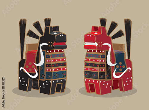 Cartoon illustration of a traditional Japanese folk toy - wooden craft horse (Yawata-Uma). People believe it will bring good luck and often used as souvenirs of celebrations such as wedding.