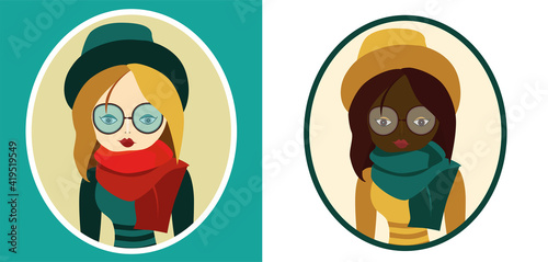 Vector illustration of smart girl.Flat cartoon style.For web design, posters, banners.Eyeglasses.Hat.Scarf.HipsterGirls have different skin colors.Ethnicity (national): African,  European, american.