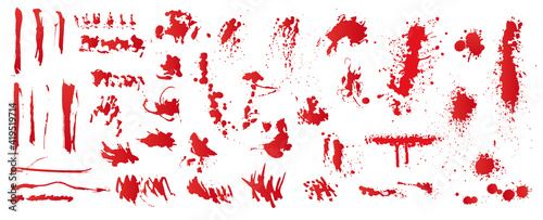 Set of realistic bloody splatters. Drop and blob of blood. Bloodstains. Isolated. Vector illustration of bloody ink drips on white background.