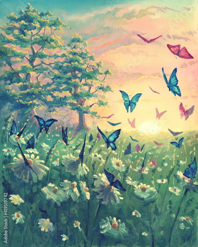Oil painting sunset landscape on canvas with butterflies, beautiful flowers, meadow with green grass, floral artwork with magical chamomile garden. Hand drawn nature illustration. © jdrv