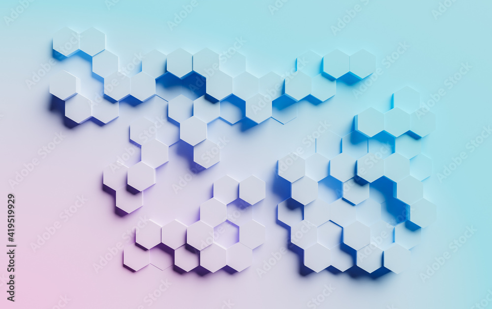 abstract background of hexagons with blue and pink gradient color on flat background. 3d rendering abstract background of hexagons with blue and pink gradient color on flat background. 3d rendering
