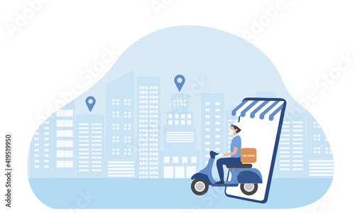 Online safety food delivery concept. Delivery man wearing glove and face mask to delivery food to customer vector illustration. 