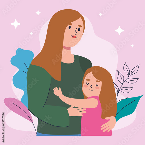 cute mother hugging daughter characters