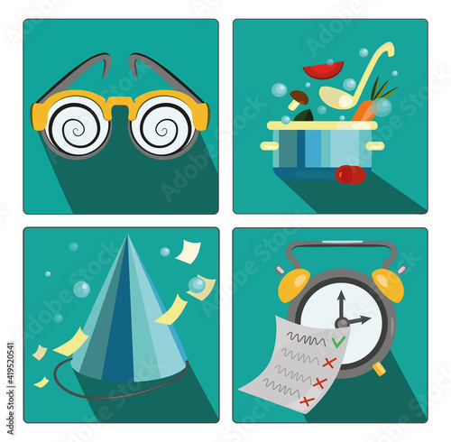 Vector set icons with alarm clock and to-do list, hypnotic glasses, celebration hat, pan and vegetables.Flat cartoon style.For web design, posters, banners, social media.Illustrations, blue background