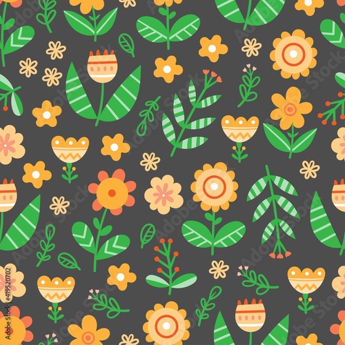 Seamless pattern with different plants and  flowers on dark background. Vector print with herbs. Botanical doodle wallpaper.
