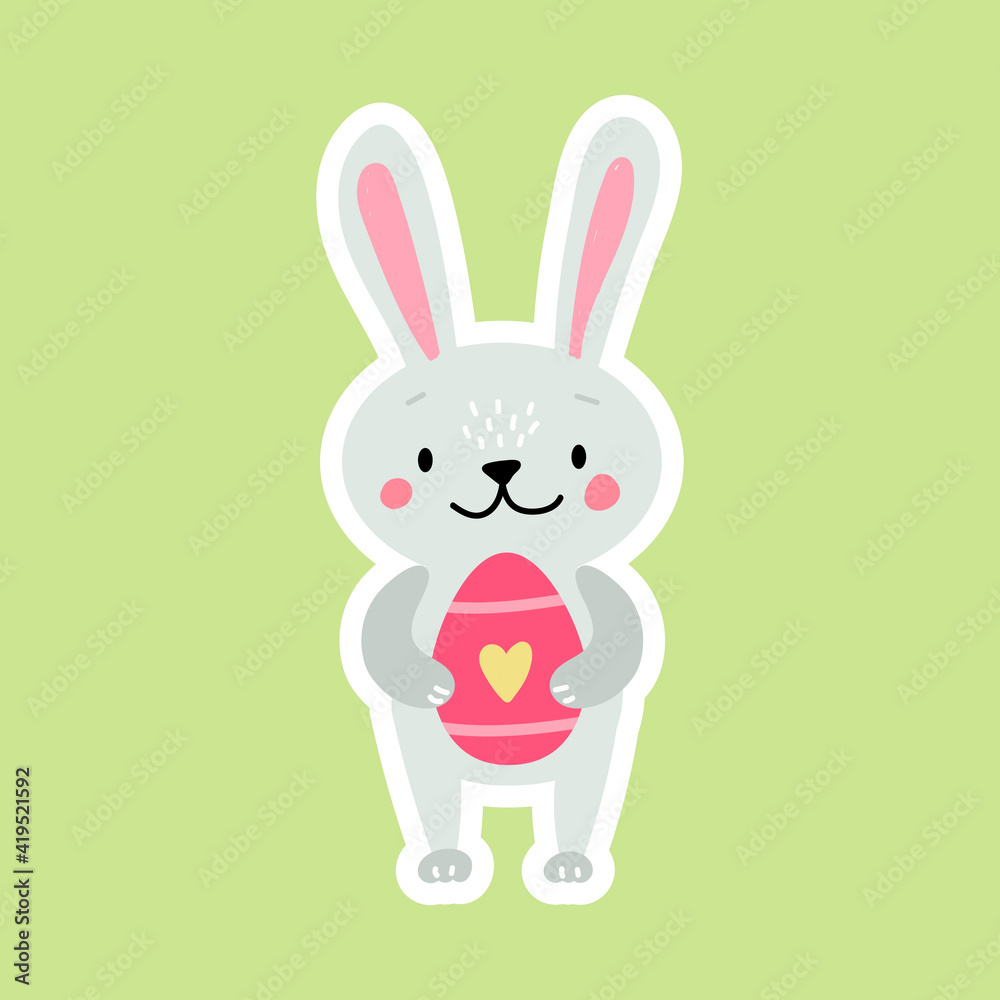 Obraz premium Cute sticker Easter bunny with egg. Vector illustration isolated.