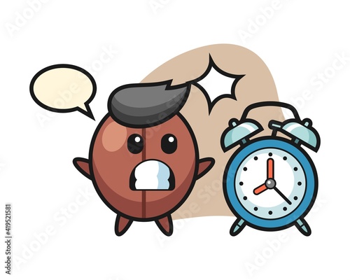 Coffee bean cartoon surprised with a giant alarm clock