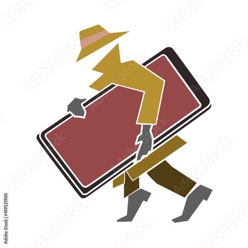 Sneeking secret agent in trenchcoat with large phone