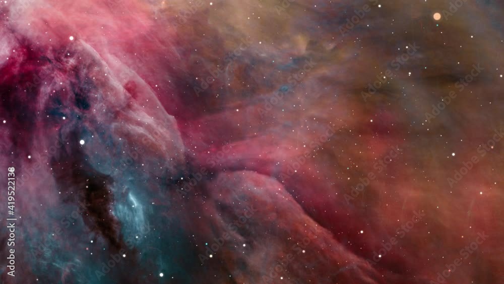 4K 3D Spaceship flies around the Orion nebula. Flight Through Space diffuse nebula and clusters of stars in the Milky Way galaxy. It is one of the brightest nebulae. Elements furnished by NASA images.