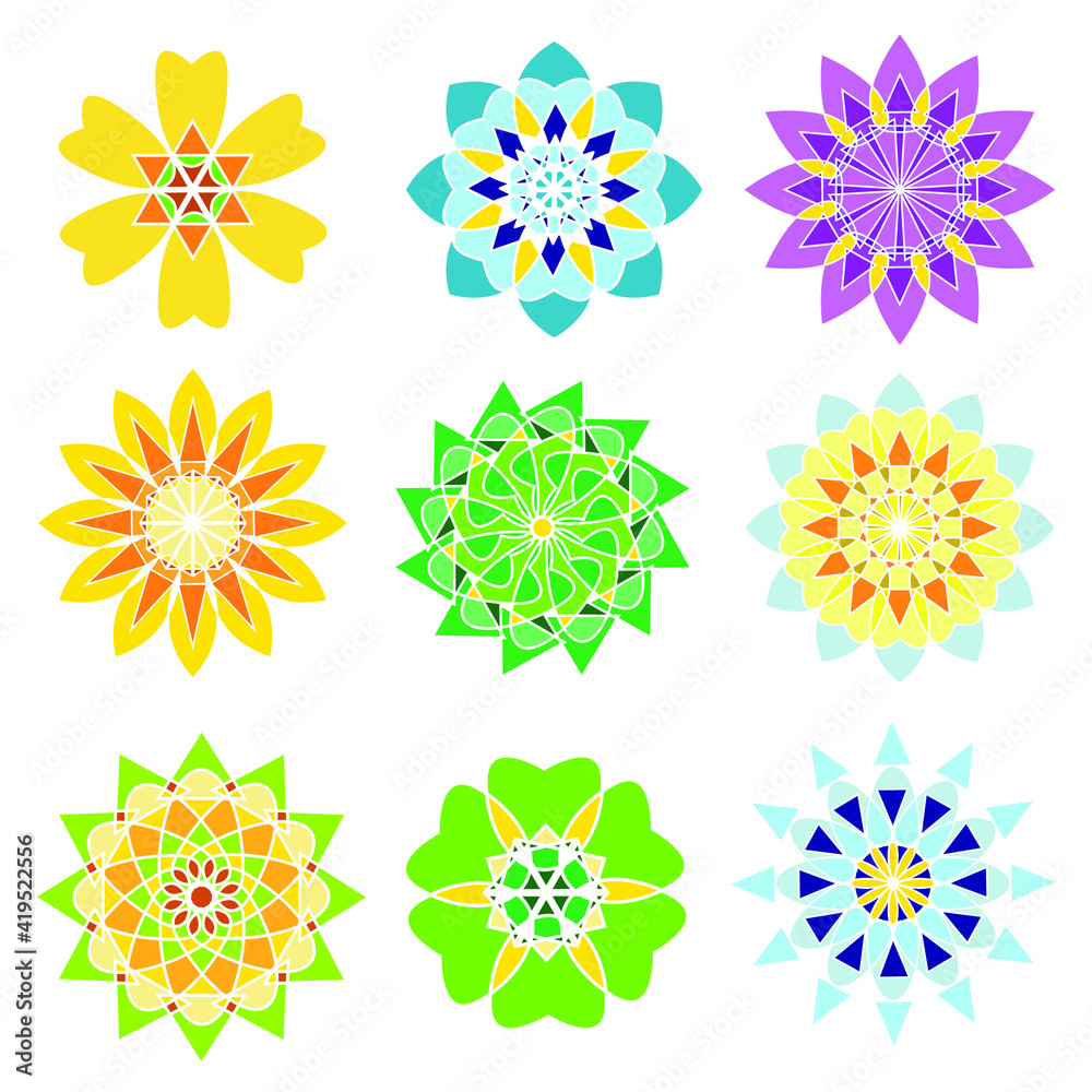 Set of vector multicolored unusual round geometric graphic floral patterns on white background 