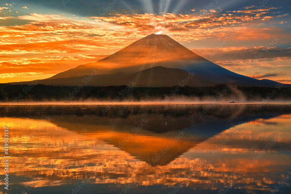 朝焼けのオレンジ色の雲と富士山
朝焼けのオレンジ色の雲と富士山