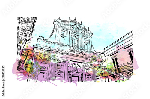 Building view with landmark of Lecce is a city in Italy. Watercolour splash with hand drawn sketch illustration in vector.