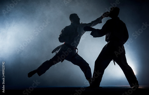 Young black belt silhouette fighter training karate in gym