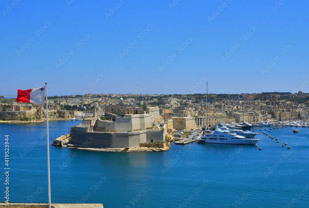View of Grand Harbour and Fort St Angelo in Valetta Malta