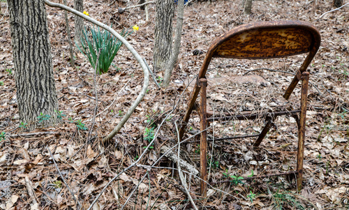 empty abandoned and rusty chair in the forest