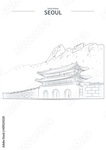 Seoul cityscape line vector. sketch style South korea landmark illustration .
