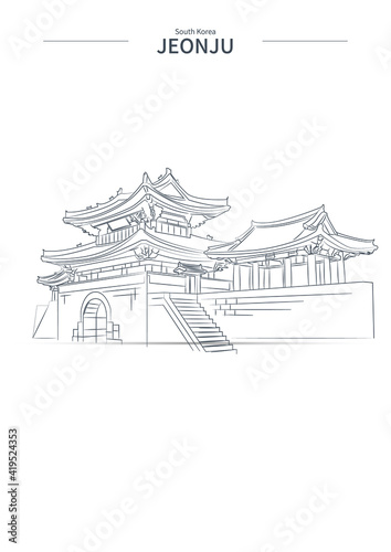 Jeonju cityscape line vector. sketch style South korea landmark illustration .