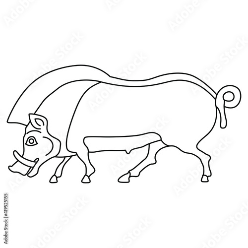 Wild pig or boar. Ethnic folk style. Ancient Greek vase painting animal motif. Black and white linear silhouette.